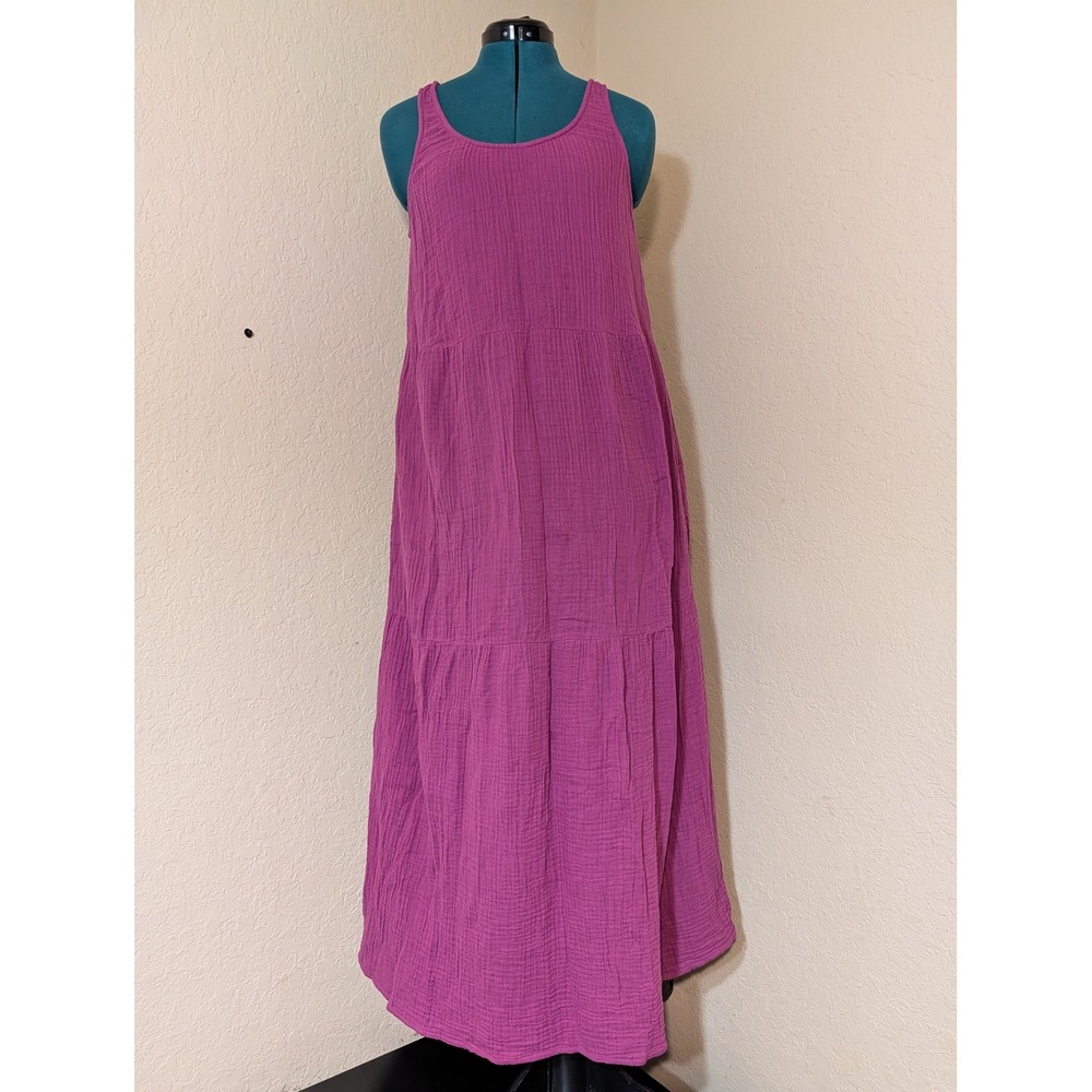 Eileen Fisher Magenta  Cotton Gauze Tiered Maxi Dress‎ XS Sleeveless Purple